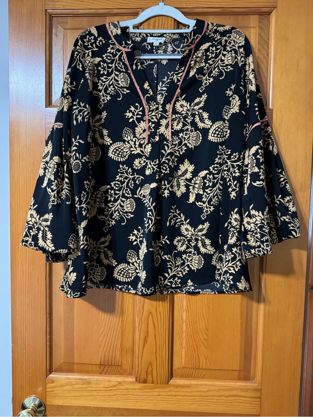 Umgee Black and Cream Floral V-Neck Blouse with Coral Trim